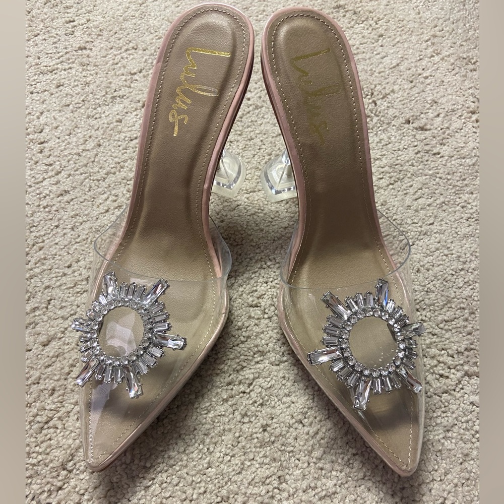 Lulu's Clear Pointed Mule Heels with Pink Trim & Crystal Accents
